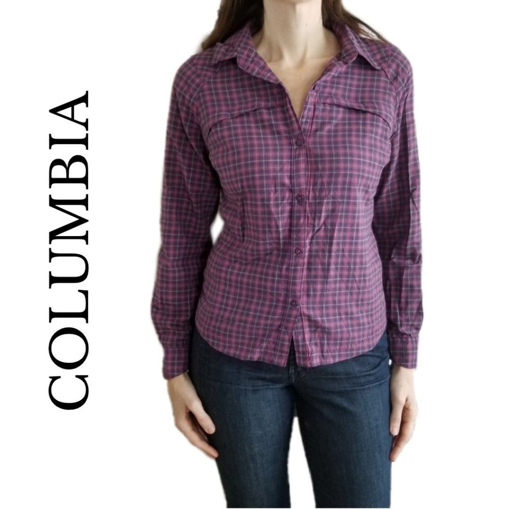 Columbia purple plaid button up pockets top medium
